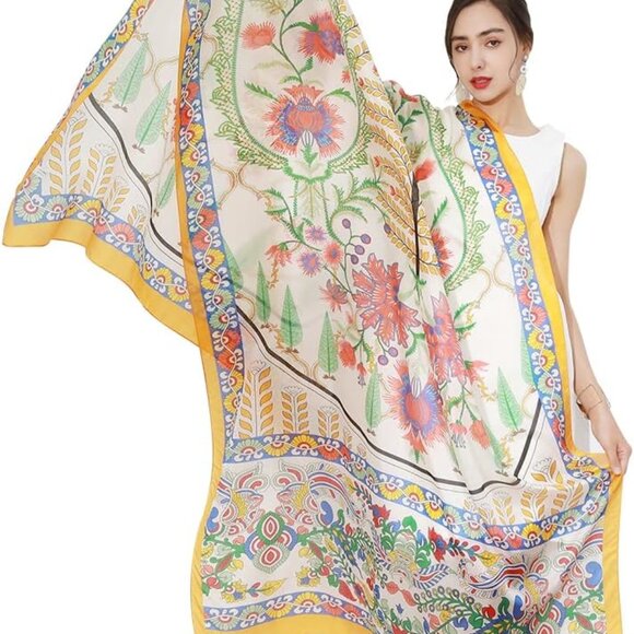 100% Mulberry Satin Silk Summer Travel Scarf Extra Large Women Floral Shawl Over